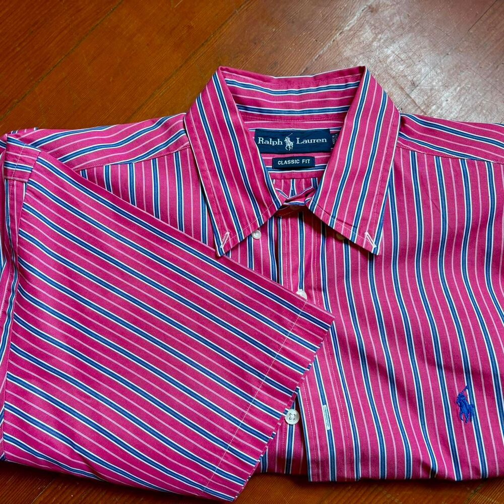 Ralph Lauren Classic Fit Men's Pink Striped Short Sleeved Button Down Size L